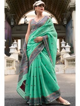 Mysilklove - Emerald Green Floral Handloom Linen Cotton Saree with Unstitched Blouse