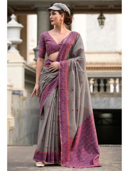 Mysilklove - Smokey Grey Floral Handloom Linen Cotton Saree with Unstitched Blouse