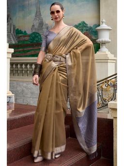 Mysilklove - Potters Clay Brown Handloom Woven Tissue Saree with Unstitched Blouse