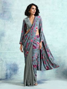 trueBrowns - Grey Printed Velvet Ready To Wear Saree