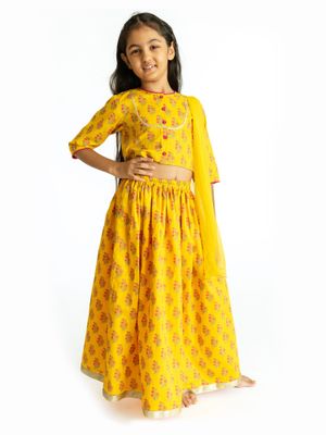 Campana Girls Papiha Lehenga Choli Set - Floral Print - Turquoise & Yellow
