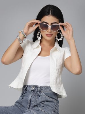 Women Off-White Front Open Balloon Sleeve Shrug