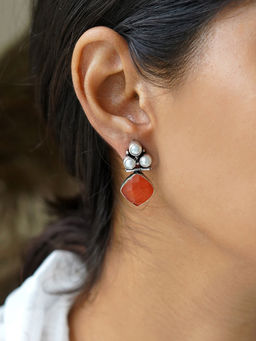 Teejh - Delisha Orange Stone Silver Oxidised Stud Earrings for Women