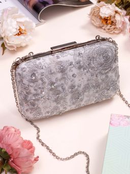 AMYRA - Silver Embroidered Box Clutch