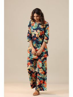 Jisora - Womens Blue Printed Cotton Palazzo Loungewear Set