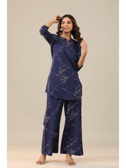 Jisora - Womens Dark Blue Printed Cotton Palazzo Loungewear Set