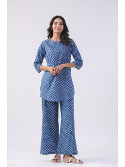 Jisora - Womens Blue Printed Cotton Loungewear Set