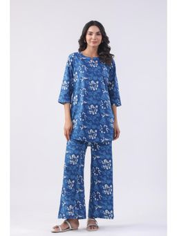 Jisora - Womens Blue Printed Cotton Loungewear Set