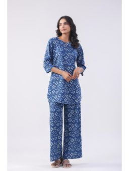 Jisora - Womens Blue Printed Cotton Loungewear Set