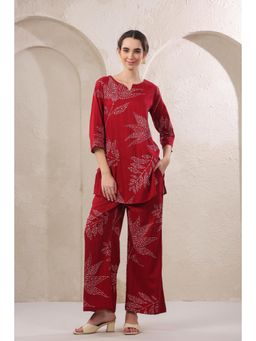 Jisora - Womens Red Printed Cotton Loungewear Set