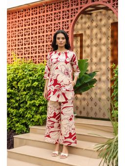 Jisora - Womens Red Printed Cotton Loungewear Set