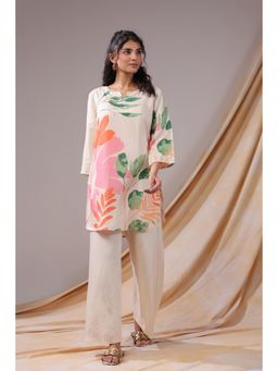 Jisora - Womens Off-White Printed Russian Silk Loungewear Set