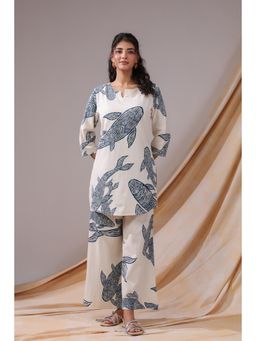 Jisora - Womens Off-White Printed Cotton Flex Loungewear Set