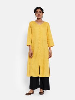 Fabindia - Yellow Linen Front Open Long Kurta (2XL)