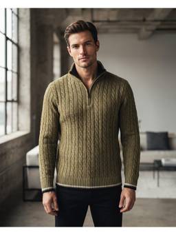 Pierre Carlo - Mens Olive Casual Self Design Sweater