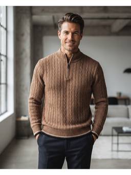 Pierre Carlo - Mens Tan Casual Self Design Sweater