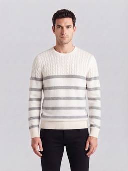 Pierre Carlo - Mens White Casual Striped Sweater