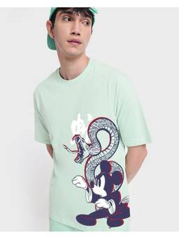 Bewakoof - Disney Men's Green Snakest Yle Mickey Printed Oversized T-Shirt