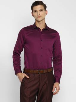 Turtle - Men Cotton Blend Slim Solid Burgundy Shirt