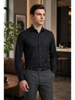 Turtle - Comfortable Men Pure Cotton Slim Solid Black Shirt