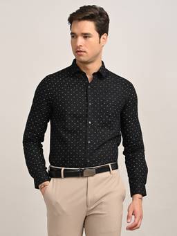 Turtle - Contemporary Style Men Cotton Linen Slim Printed Black Shirt
