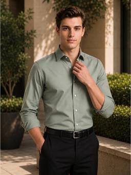 Turtle - Timeless Style Men Cotton Blend Slim Solid Olive Shirt
