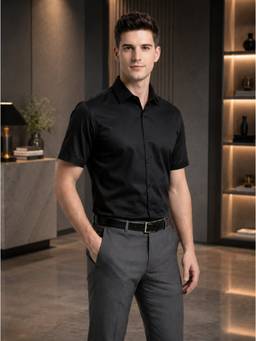 Turtle - Versatile Style Men Cotton Blend Slim Solid Black Shirt