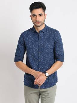 Turtle - Versatile Wear Men Lyocell Blend Slim Printed Blue Shirt