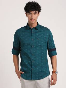 Turtle - Men Pure Cotton Slim Printed Teal Shirt