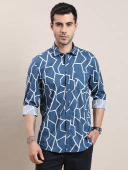 Turtle - Men Pure Cotton Slim Fit Printed Blue Shirt