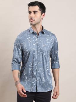 Turtle - Men Pure Cotton Slim Printed Grey Shirt