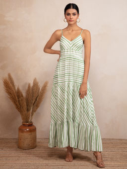 RSVP by Nykaa Fashion - Pastel Green Stripes V Neck Maxi Dress