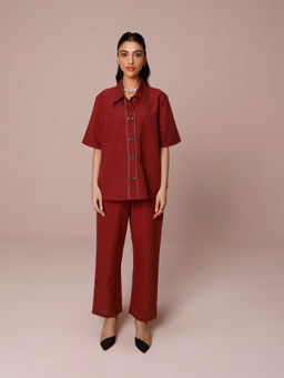 COSSET CLOTHING - Maroon Cookie Linen Shirt with Pant (Set of 2)