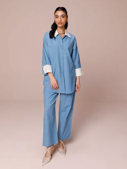 COSSET CLOTHING - Denim Blue Linen Shirt with Pant (Set of 2)