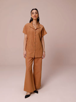 COSSET CLOTHING - Brown Mocha Linen Panelled Co-Ord (Set of 2)