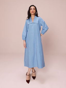 COSSET CLOTHING - Denim Blue Poplin Panelled A-Line Midi Dress