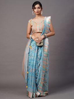 Akhilam - Women Cotton Blend Turquoise Blue Printed Designer Saree with Unstitched Blouse Piece