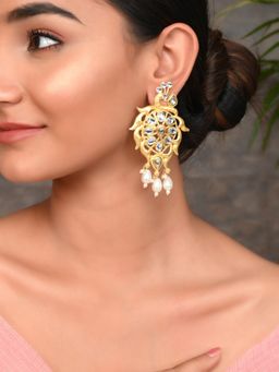 Silvermerc Designs - Gold Plated Peacock Kundan Enamelled Drop Earrings