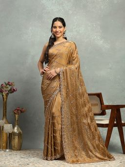 MEENA BAZAAR - Women Khaki Organza Embroidered Saree Without Blouse