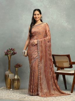MEENA BAZAAR - Women Bronze Organza Embroidered Saree Without Blouse