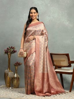 MEENA BAZAAR - Women Peach Art Silk Woven Handloom Saree Without Blouse