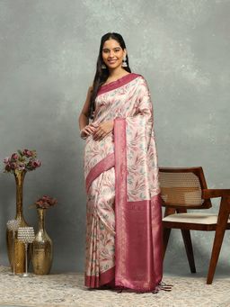 MEENA BAZAAR - Women Beige Art Silk Woven Handloom Saree Without Blouse