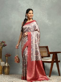 MEENA BAZAAR - Women Beige Art Silk Woven Handloom Saree Without Blouse