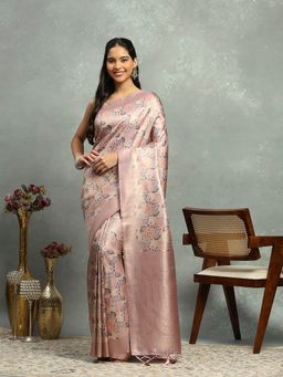 MEENA BAZAAR - Women Peach Art Silk Woven Handloom Saree Without Blouse