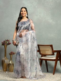 MEENA BAZAAR - Women Grey Organza Floral Embellished Saree Without Blouse