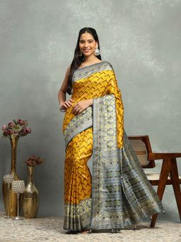 MEENA BAZAAR - Women Mustard Art Silk Woven Handloom Saree Without Blouse