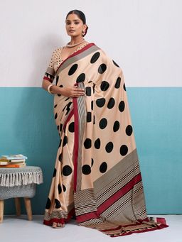 MEENA BAZAAR - Women Beige Art Silk Polka Dots Printed Saree Without Blouse