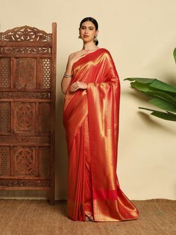 MEENA BAZAAR - Women Orange Art Silk Woven Handloom Saree Without Blouse