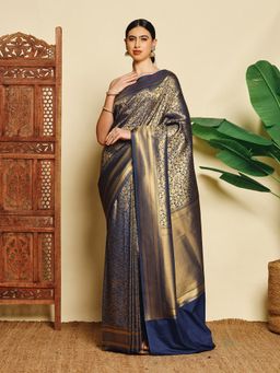 MEENA BAZAAR - Women Blue Art Silk Woven Handloom Saree Without Blouse