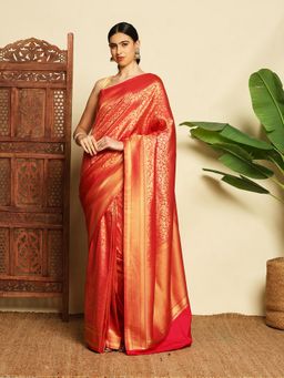 MEENA BAZAAR - Women Orange Art Silk Woven Handloom Saree Without Blouse